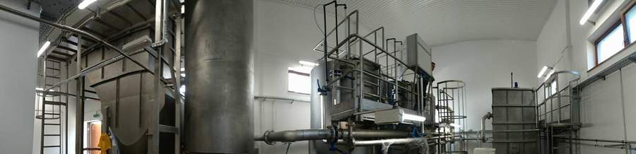 Panoramic view of a complete water treatment facility showing clarification, lamella settling and pressure filter vessels