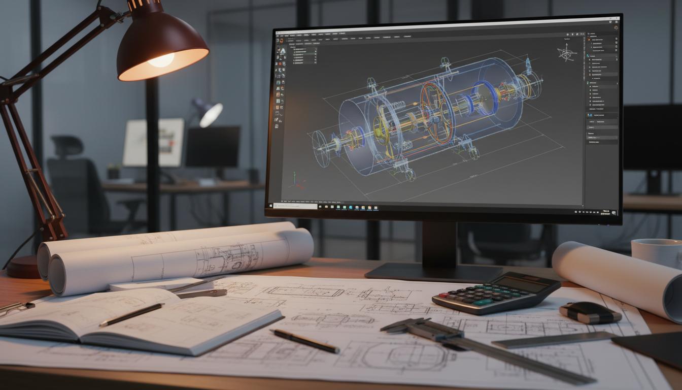 Engineering design workstation with CAD software showing water treatment vessel