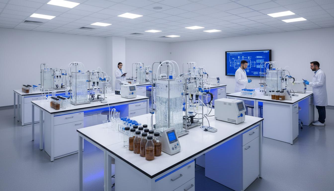 Modern university research facility with water treatment equipment
